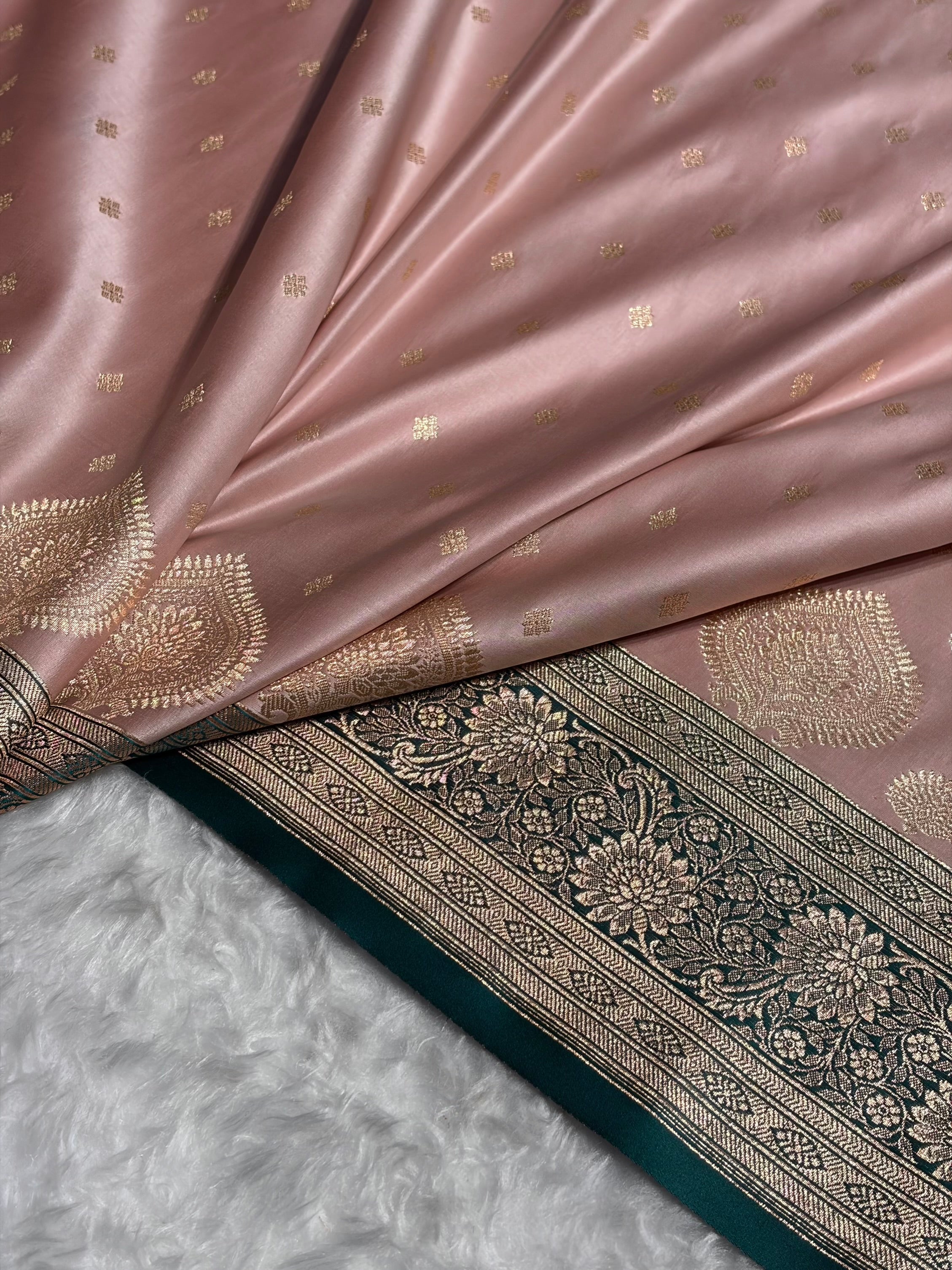 Rose Gold with Rama Booti Satin Katan Silk saree SK29
