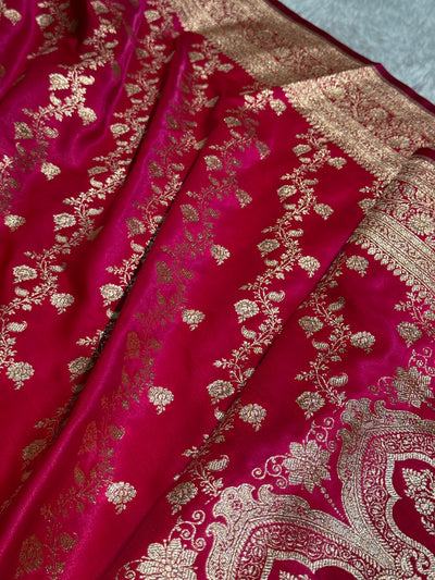 Banarasi Ruby Pink Cross Jaal Satin Silk Saree SS11