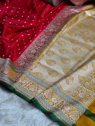 Contrast Red With Mustard Floral Border Mashru Silk Saree MSM-99