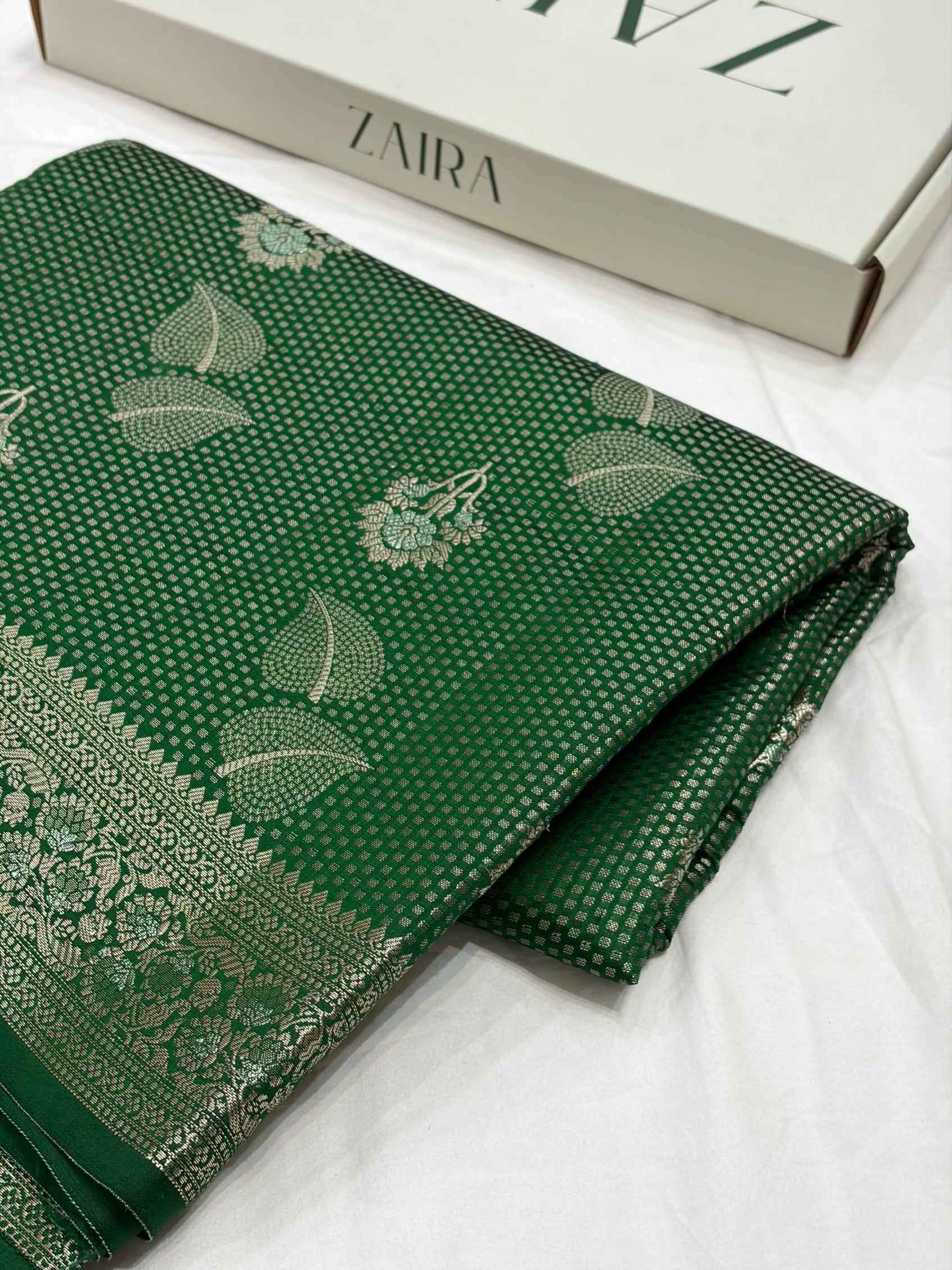 Bottle Green Flower Booti Pure Caramel Silk Saree