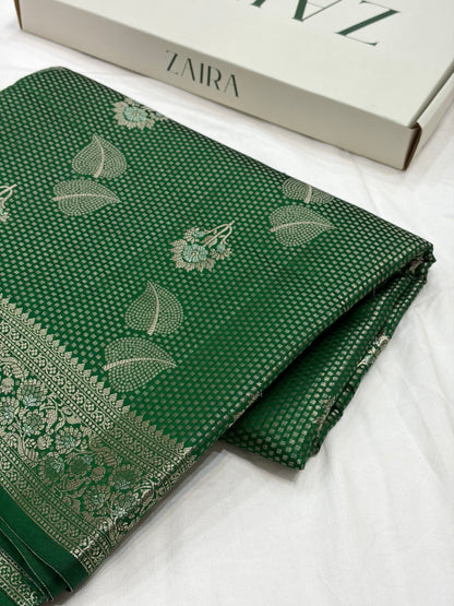Bottle Green Flower Booti Pure Caramel Silk Saree
