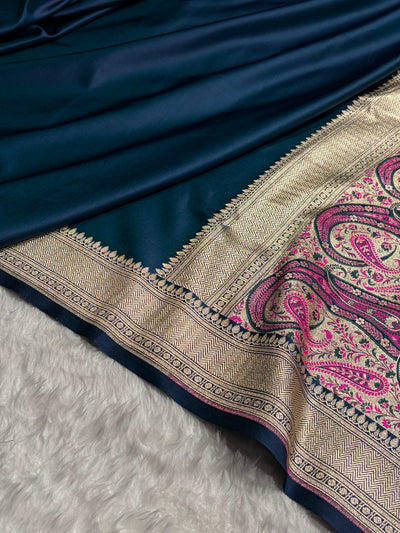 German Blue Shades Banarasi With Plain & Minakari Floral Border Mashru Silk Saree MSM-129