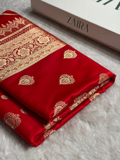 Banarasi Satin Katan Saree Floral Boota Pattern in Red Shades SK145