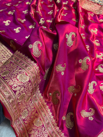 Satin Silk Saree Tredition Banarasi Swarovski Work Floral Boota in Reddish Purple Shades BSS27