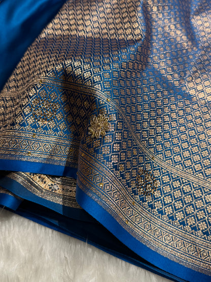 Cross Blue Floral Boota Pattern With Zardozi Stone Work Satin Katan Silk saree BSK34