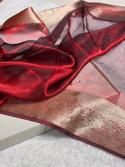 Cross Red Shades Pure Tissue Silk Saree with Brocade Blouse PT-08
