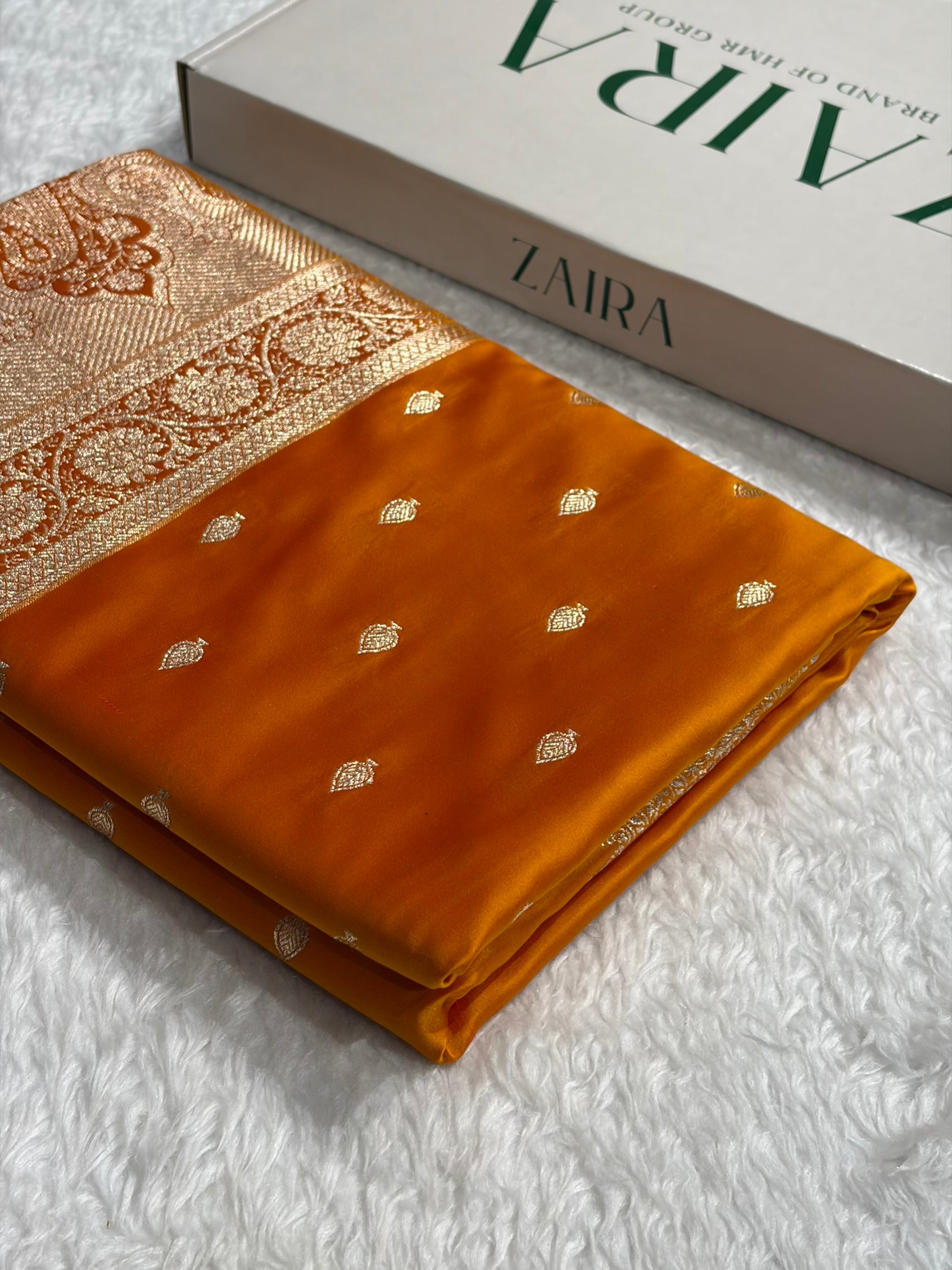 Banarasi Orange Boota With Floral Border Mashru Silk Saree