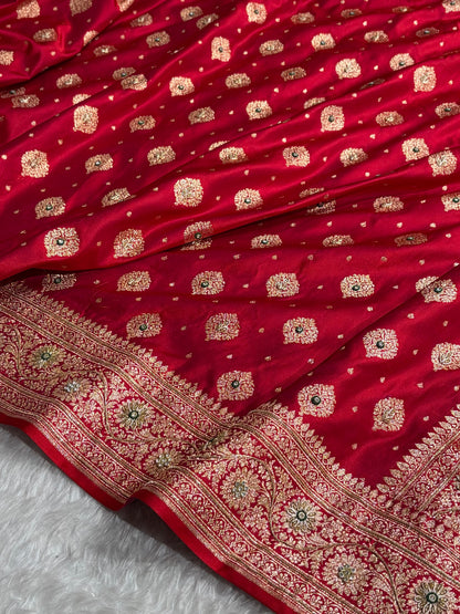 Bridal Red Unique Boota Pattern With Stone & Ari Work Satin Katan Silk Saree BSK69