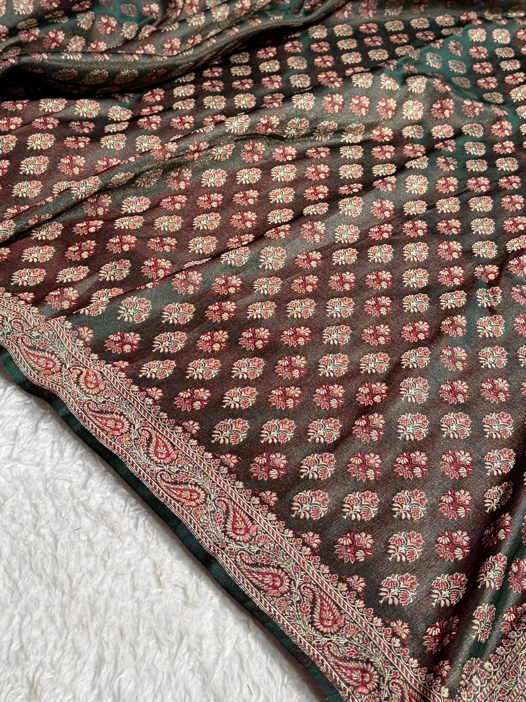 Dark Bottle Green Jamawar Tanchoi Jaal Katan Silk Saree SKTM-21