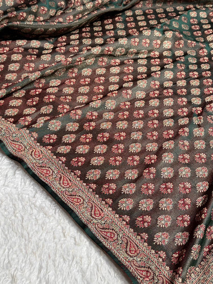 Dark Bottle Green Jamawar Tanchoi Jaal Katan Silk Saree SKTM-21