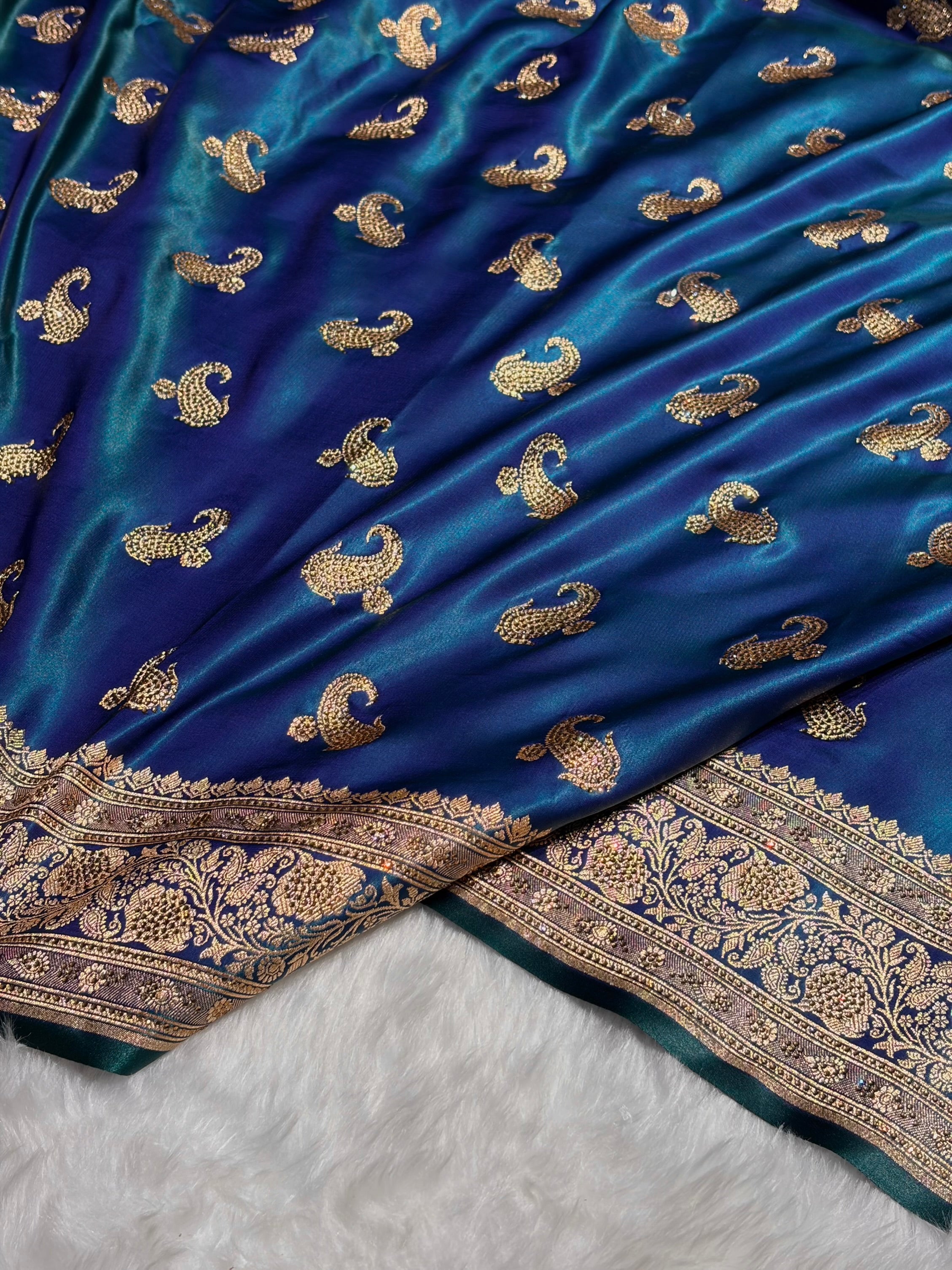 Satin Silk Saree Swarovski Work Floral Boota in Peacock Shades BSS27