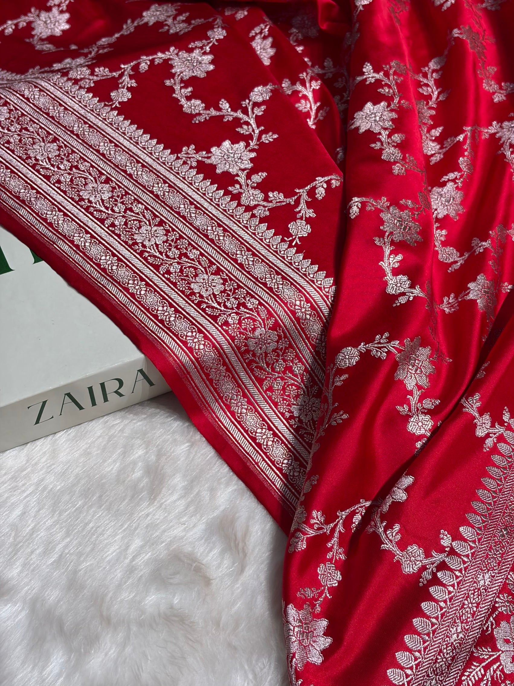 Ruby Red Floral Jaal Mashru Silk Saree MS07