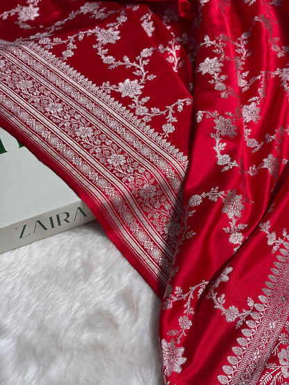 Ruby Red Floral Jaal Mashru Silk Saree MS07