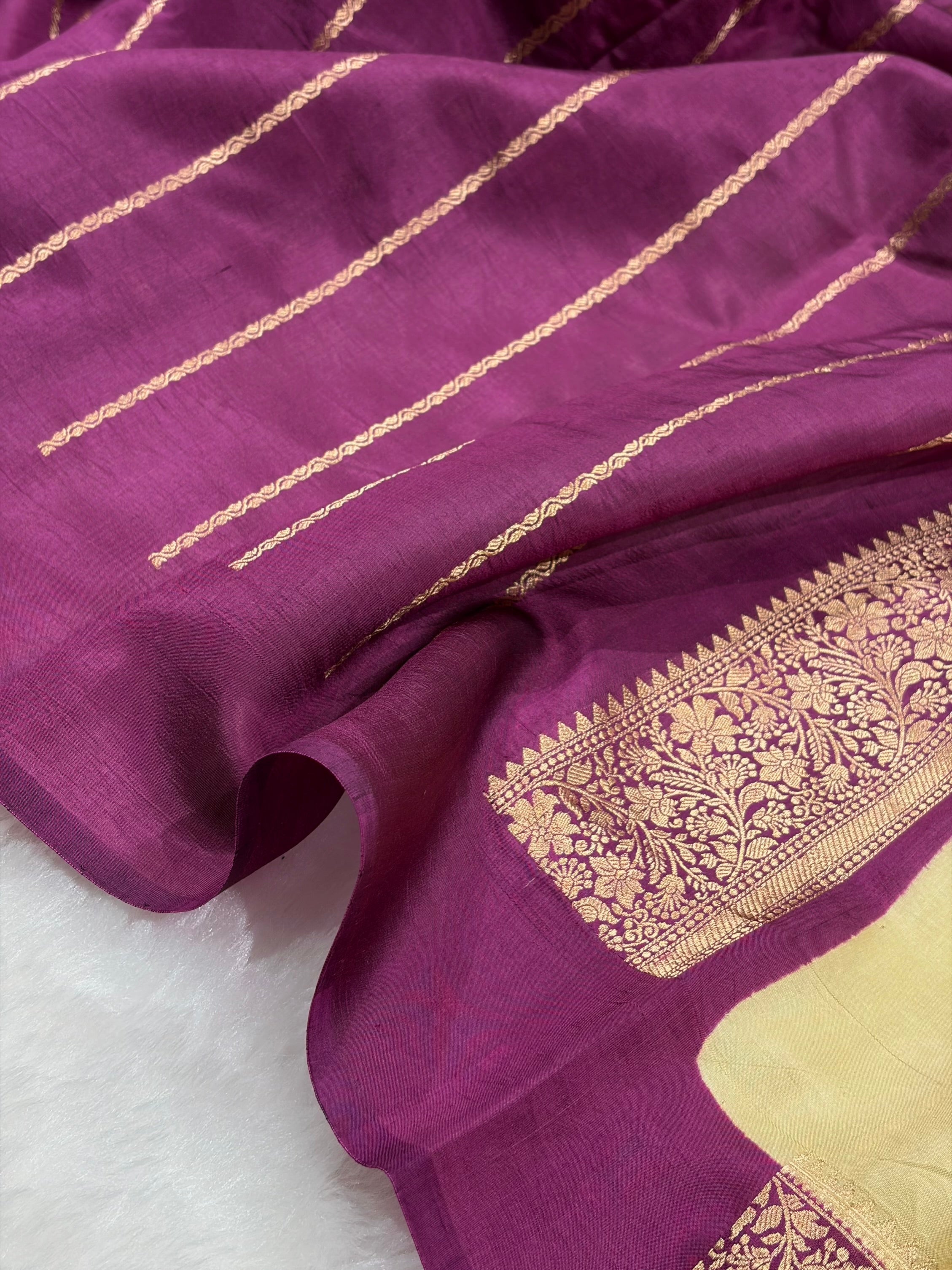Banarasi Tusser With Purple Contrast Shades Meenakari Boots Handwoven Pure Paper Silk Saree RM-90