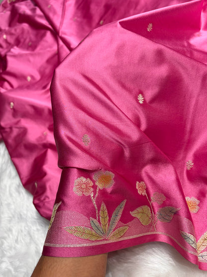 Banarasi Baby Pink Shades Minakari Booti Mashru Silk Saree MS58