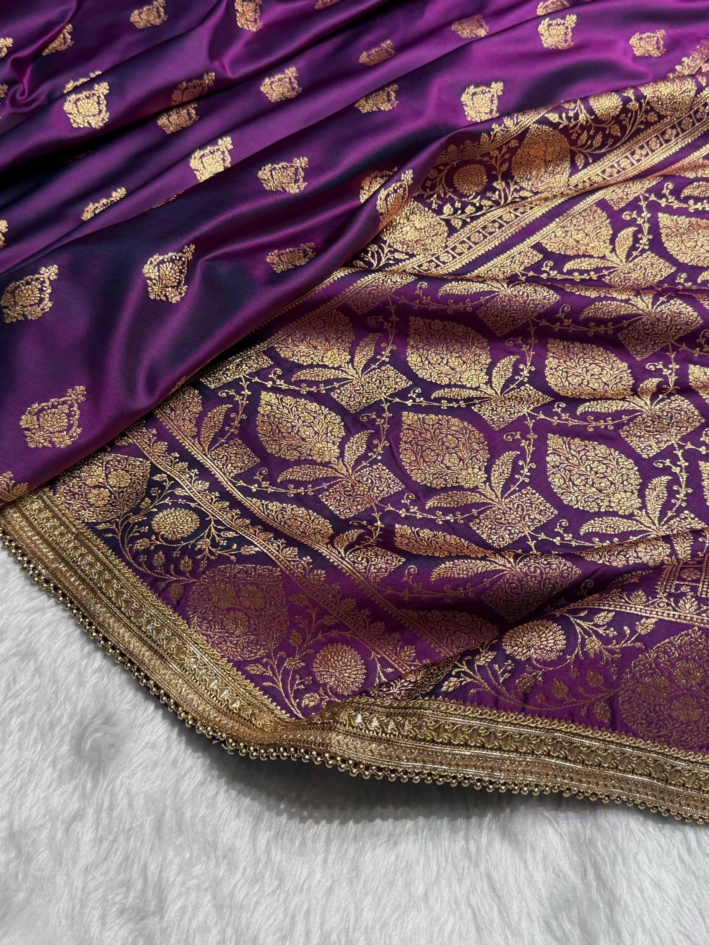 Banarasi Satin Katan Saree With Gotta Patti Boota in Cross Wine Shades SKGP98