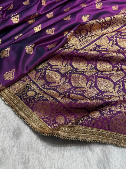 Banarasi Satin Katan Saree With Gotta Patti Boota in Cross Wine Shades SKGP98
