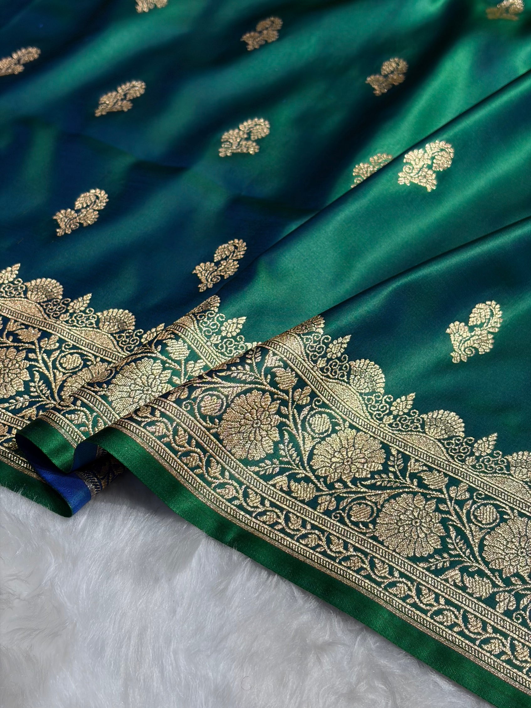 Cross Green Shades Floral Booti Motif Satin Katan Silk saree SK61