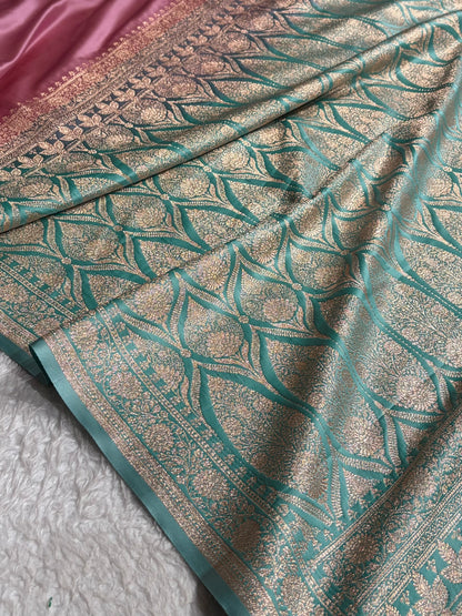 Banarasi Satin Katan Saree in Contrast Mauve & Sea Green Shades SK131