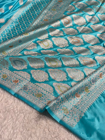 Banarasi Floral Booti Pattern in Firozi Shades Floral Mashru Silk Saree MCS103
