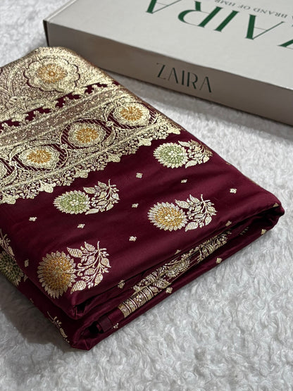 Garnet Banarasi Minakari Booti Satin Katan Silk saree