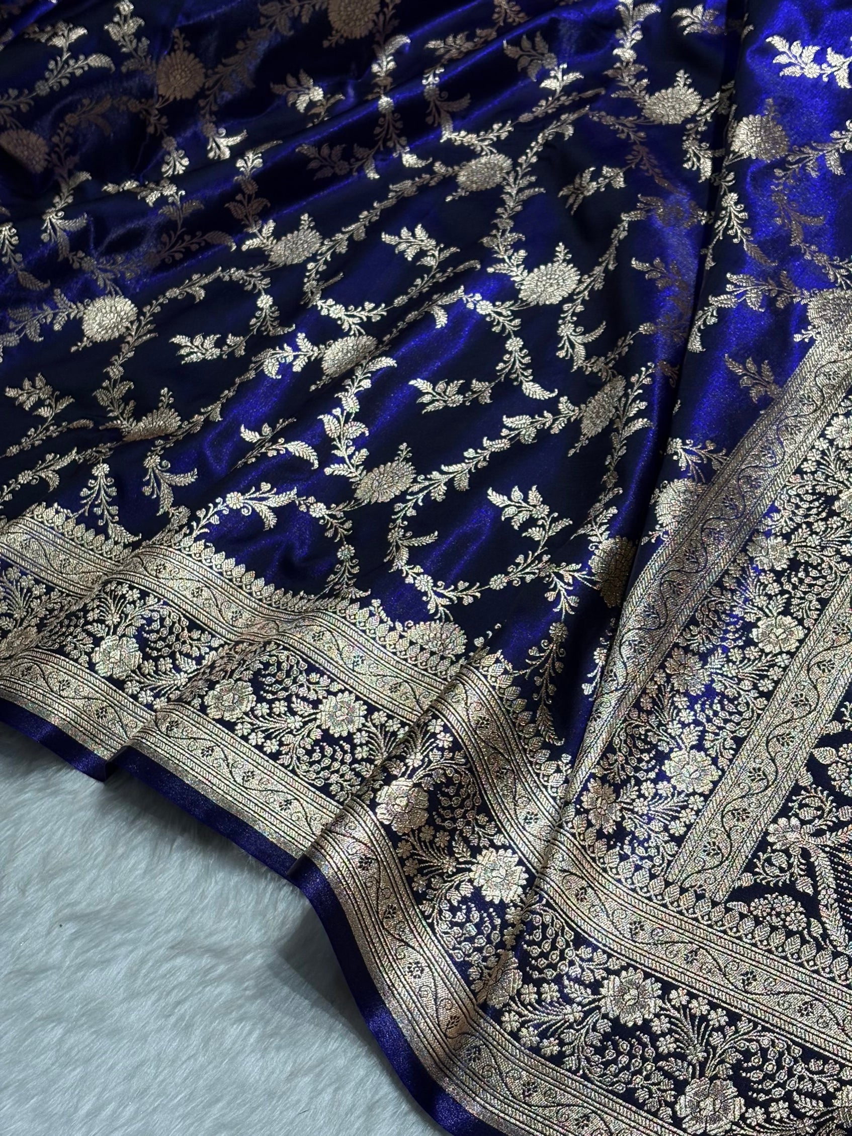 Satin Silk Banarasi Jaal in Dark Royal Blue Shades SS14