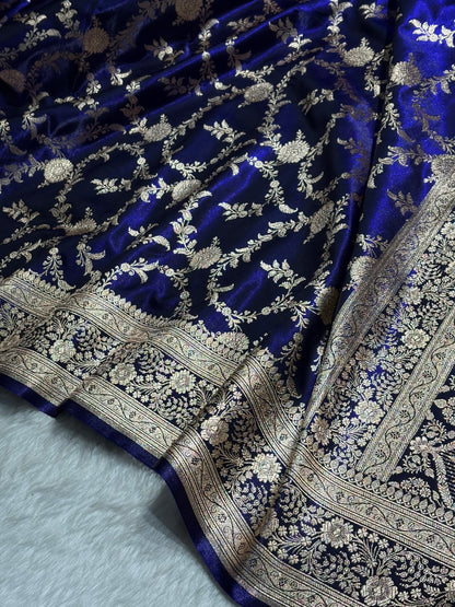 Satin Silk Banarasi Jaal in Dark Royal Blue Shades SS14