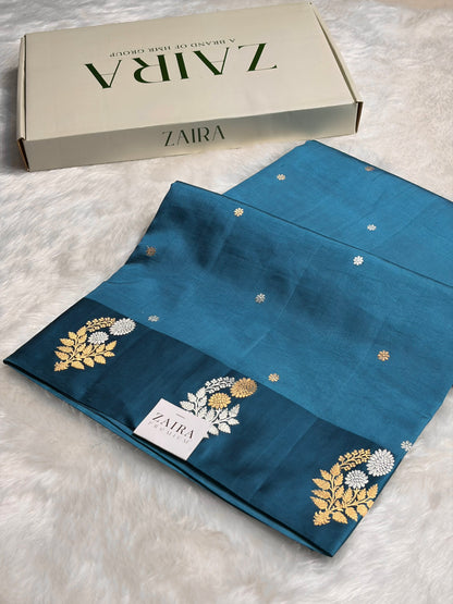 Peacock Blue Shade Handwoven Kaduwa Pure Katan Raw Mango Silk RM-05