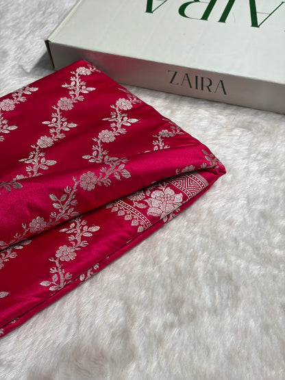 Ruby Pink Shades Banarasi Cross Jaal Mashru Silk Saree MS18