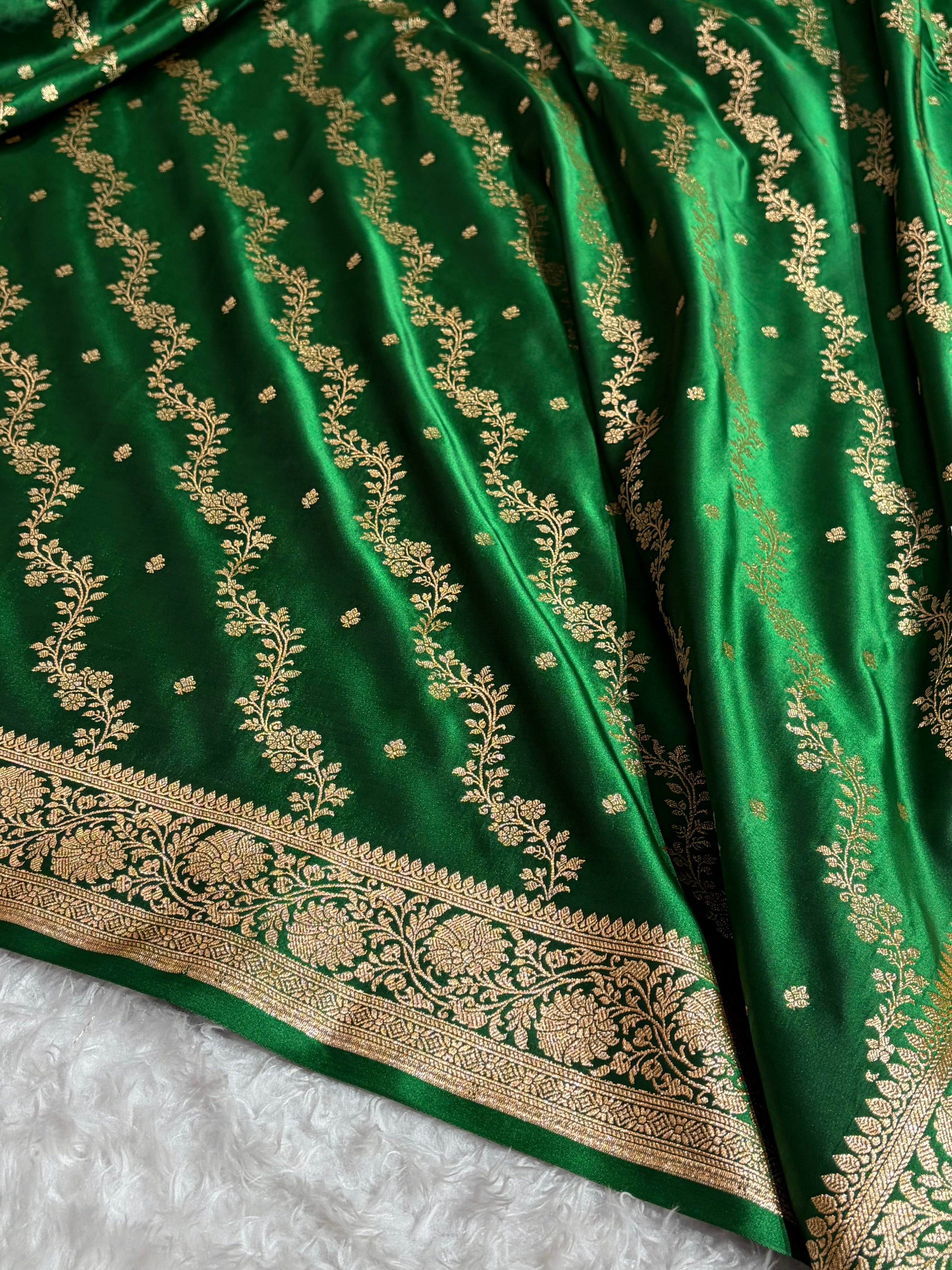 Banarasi Satin Katan Saree With Boota in Bottle Green Shades SK108