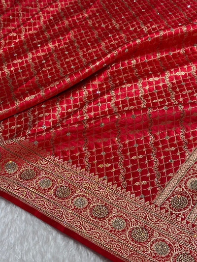 Red Banarasi Brocade With Swarovski Work Soft Katan Silk Saree - BSK44