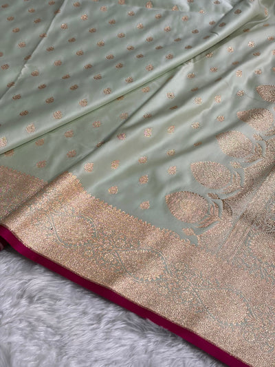 Banarasi Satin Katan Silk Saree In Light Pista Shades SK10