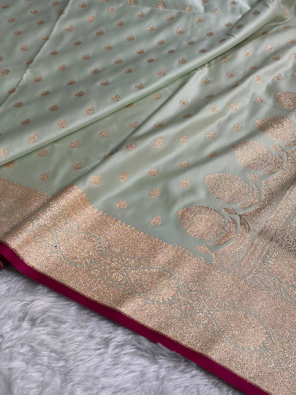 Banarasi Satin Katan Silk Saree In Light Pista Shades SK10