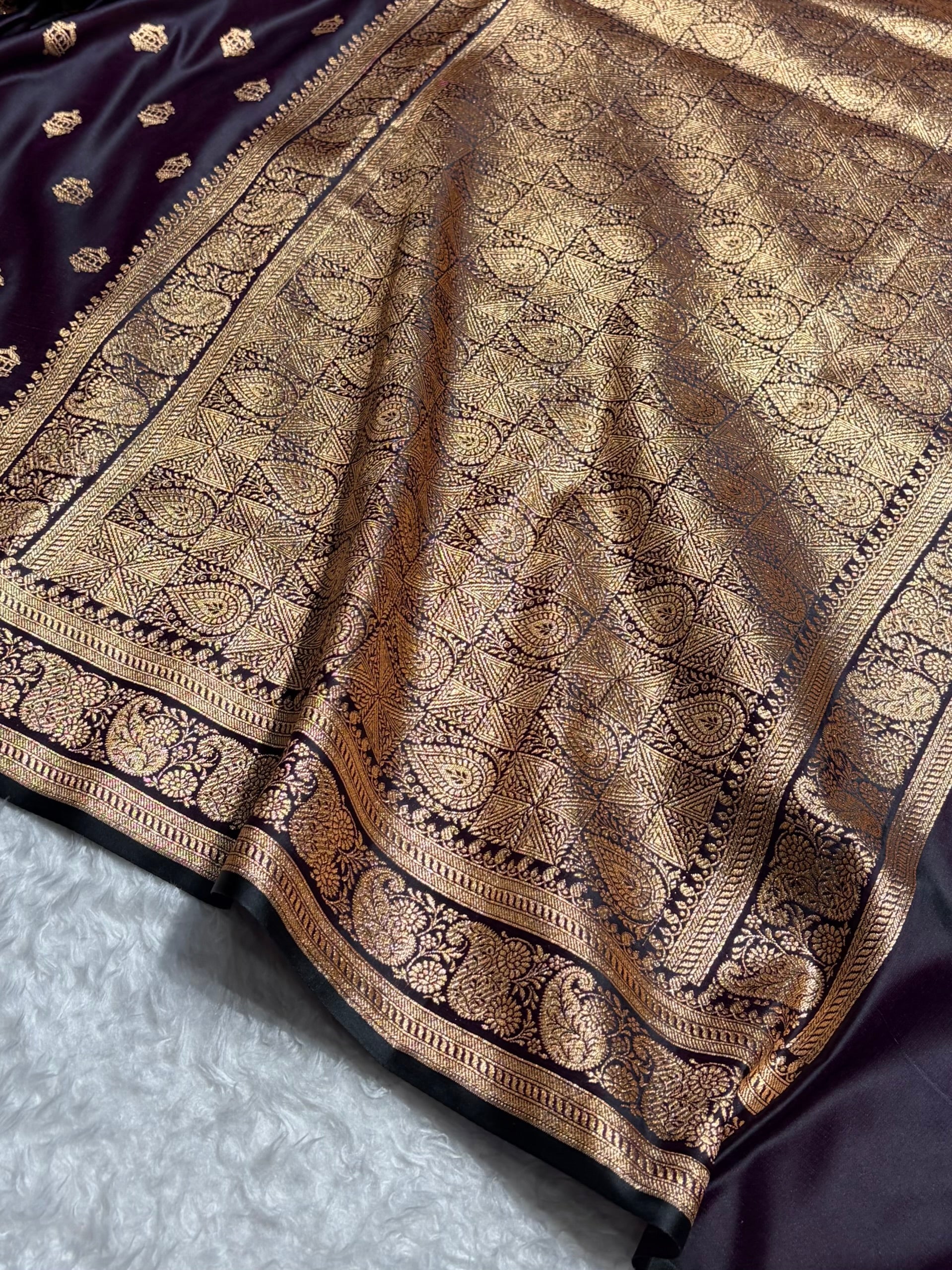 Banarasi Satin Katan Saree Booti Pattern in Dark Wine Shades SK137