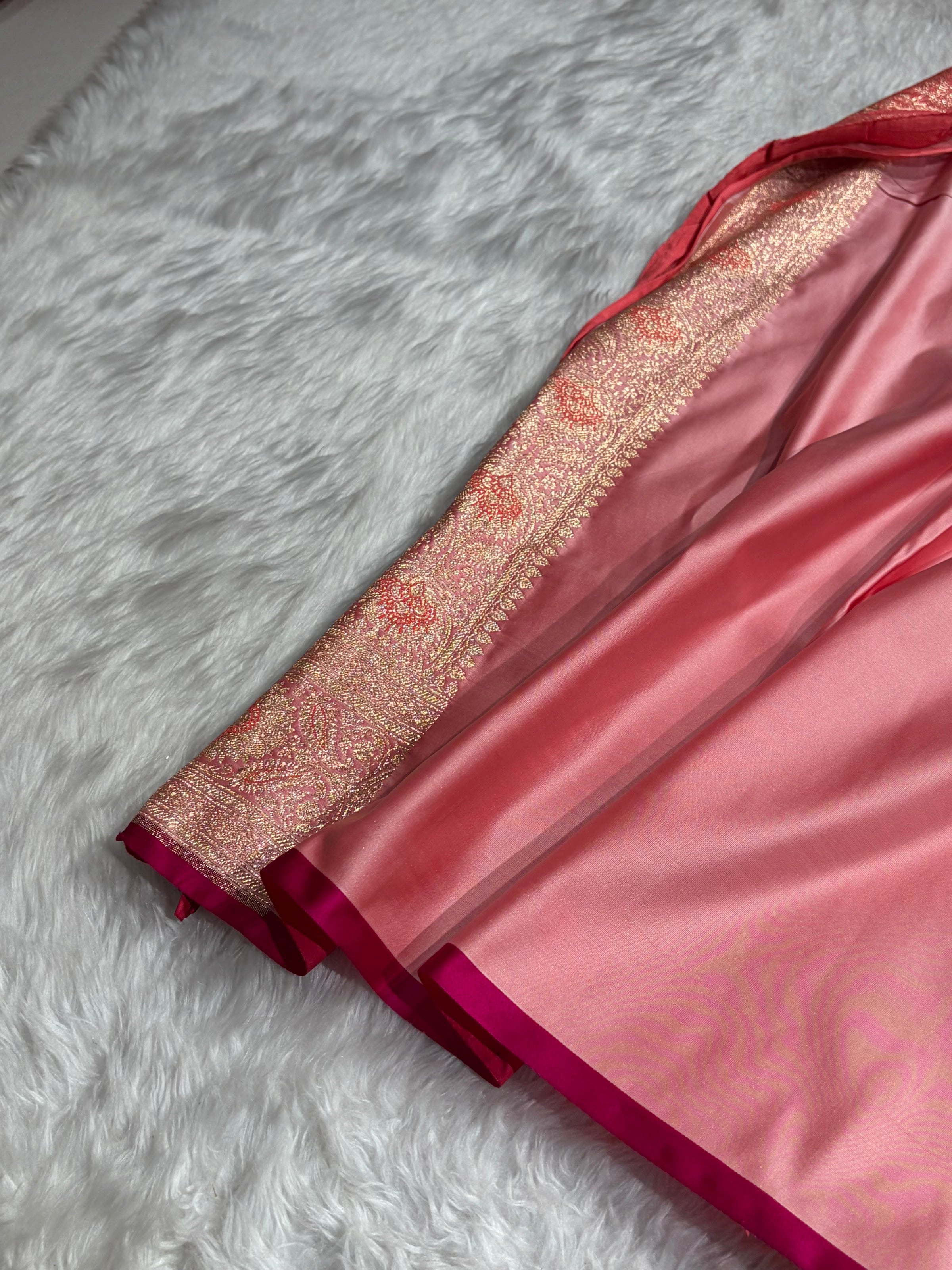 Floral boota Satin katan Silk Saree  With Gotta Patti In Baby Pink Shades SKGP12