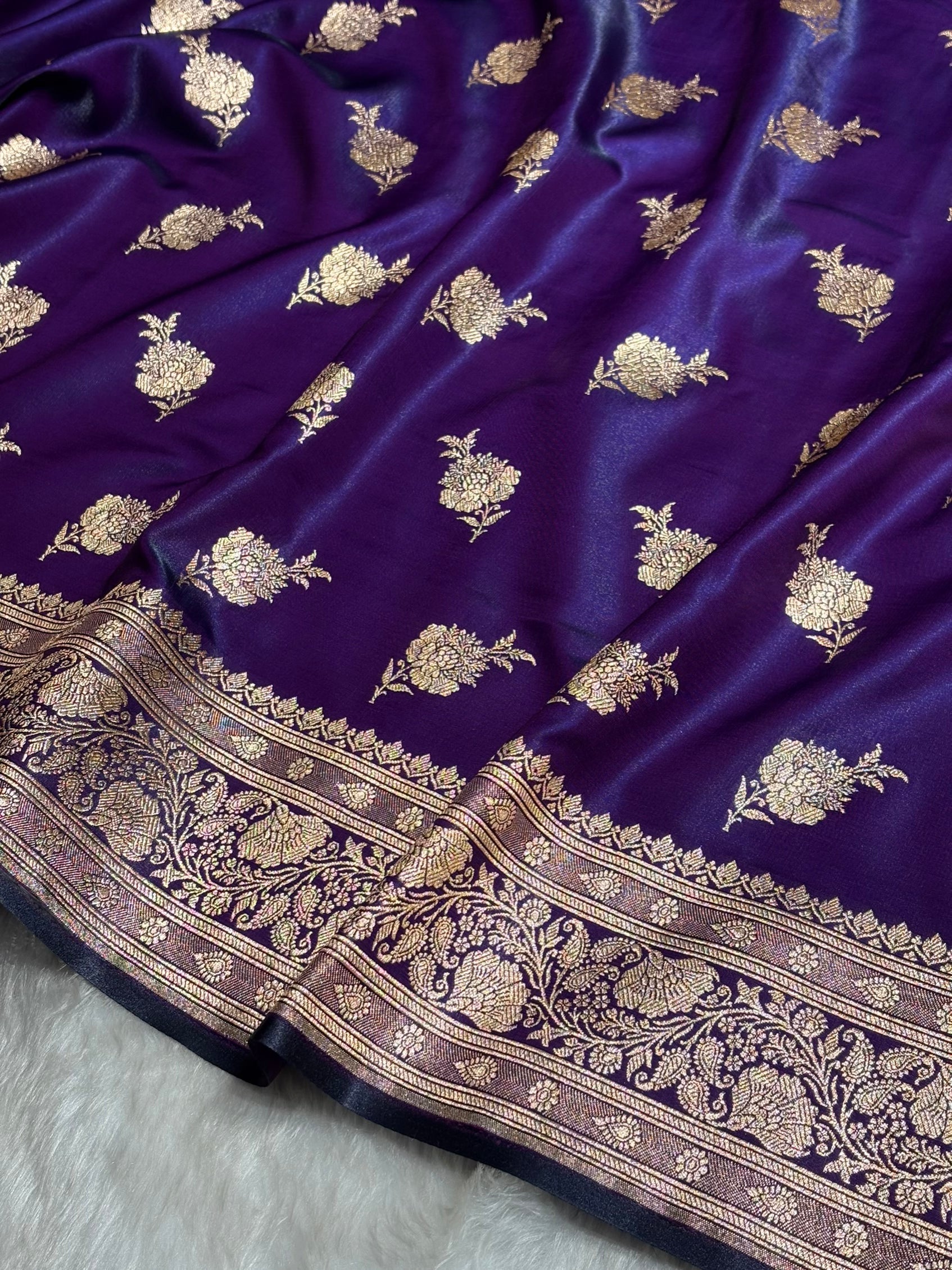 Satin Silk Saree Floral Boota in Dark Purple Shades SS26