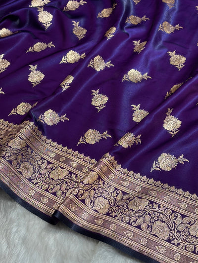 Satin Silk Saree Floral Boota in Dark Purple Shades SS26