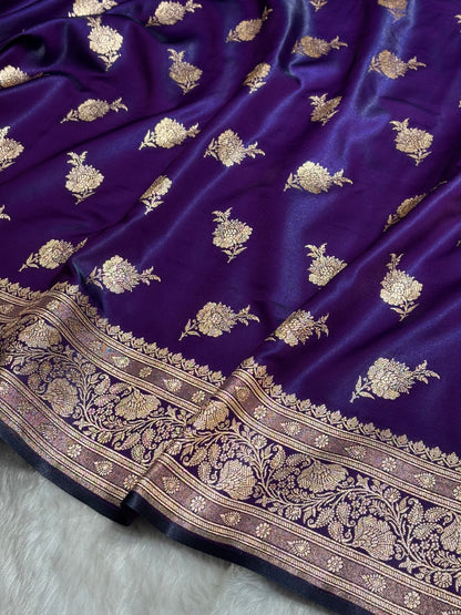Satin Silk Saree Floral Boota in Dark Purple Shades SS26