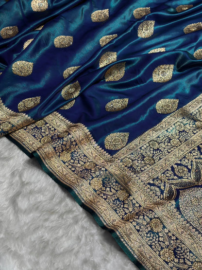 Peacock Shades Banarsi Satin Silk Boota with Stone Work