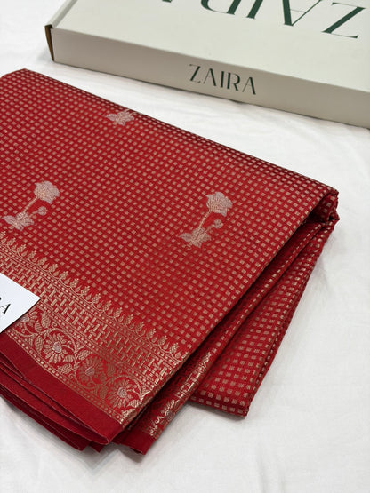 Red Flower Booti Pure Caramel Silk Saree