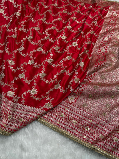 Red Mashru Silk with Ari and stone work with Gotta Patti