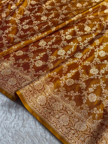 Cross Mustard Shades Jaal Floral Pattern Satin Katan Silk Saree SK80