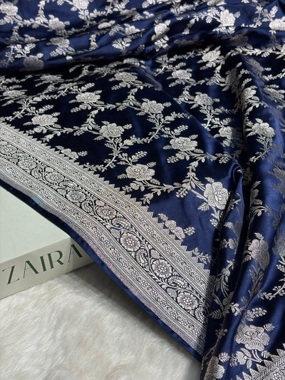 Navy Blue Floral Jaal Mashru Silk Saree  MCS28