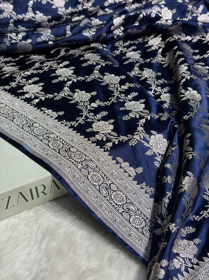 Navy Blue Floral Jaal Mashru Silk Saree  MS28
