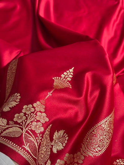 Banarasi Satin Katan Saree Plain With Floral Border Pattern in Red Shades SK140