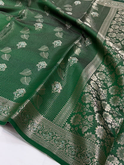 Bottle Green Flower Booti Pure Caramel Silk Saree