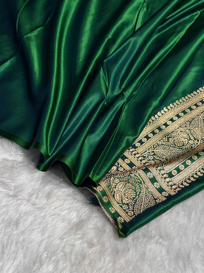 Cross Green Floral Pattern Satin Katan Silk Saree SK78