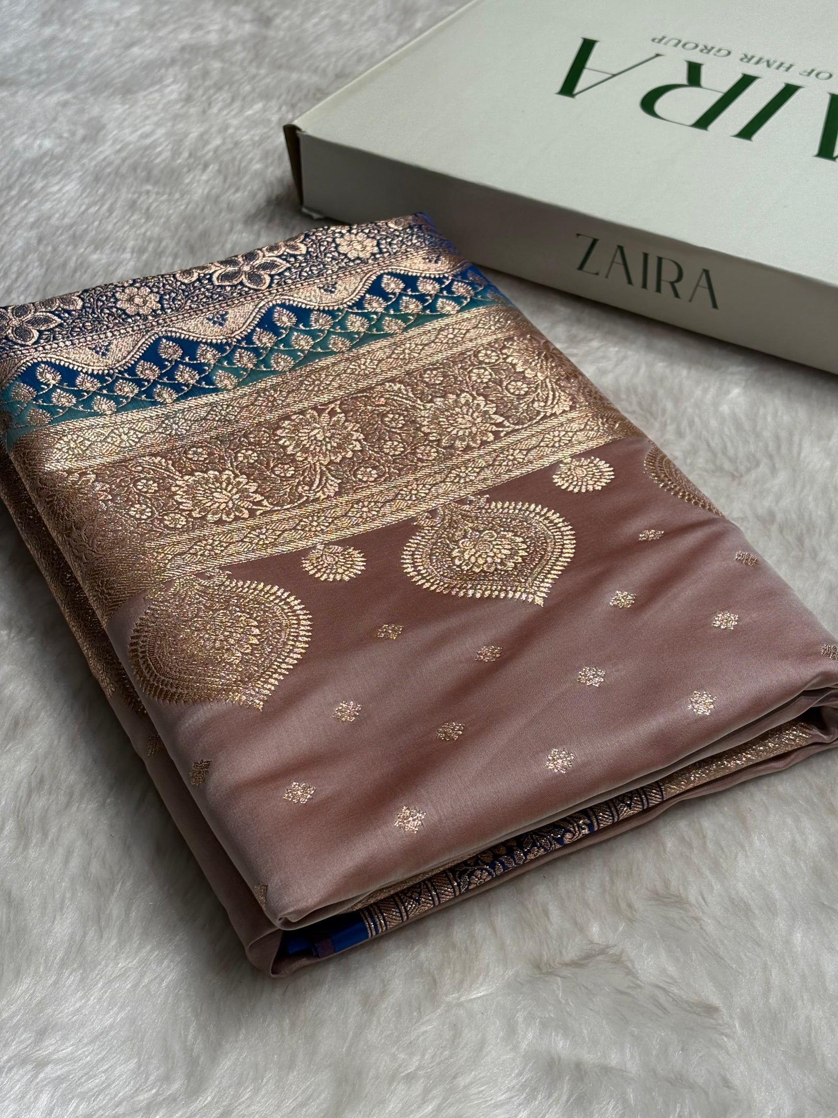 Rose Gold with Firozi Booti Satin Katan Silk Saree SK29