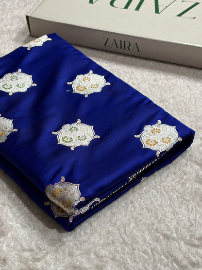 Premium Banarasi Satin Katan Saree Minakari Booti Pattern in Royal Blue Shades SK138
