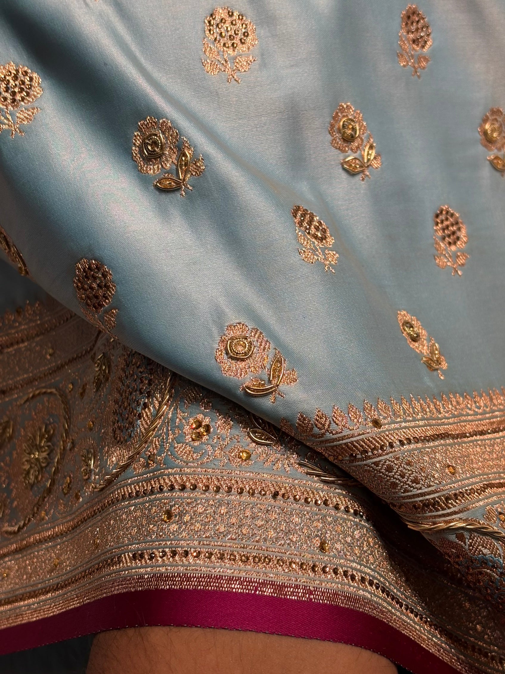 Sky Blue Shades Booti Katan Silk Saree with Stone & Zardozi Work BSK12